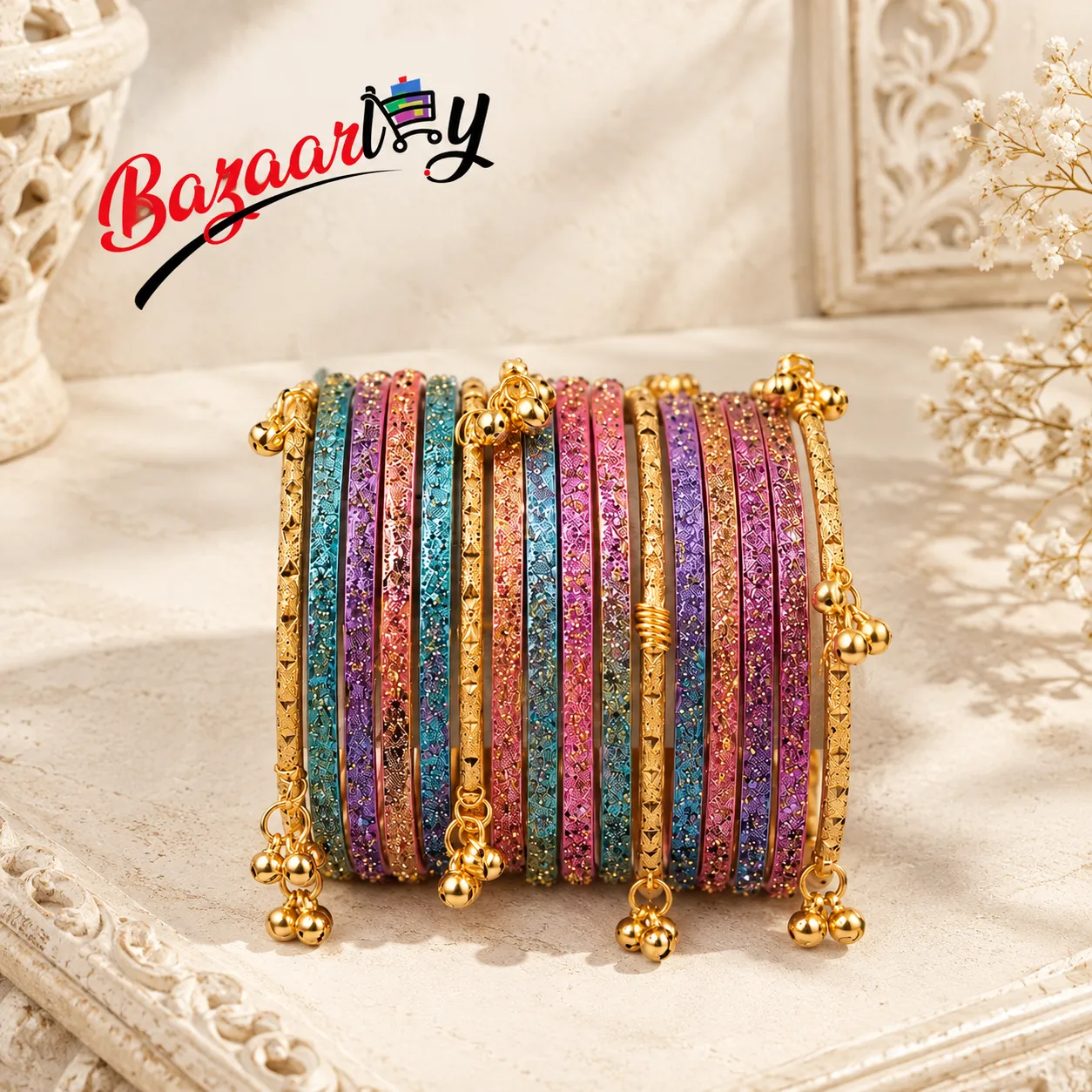Beautiful Kashmir Churiyan for Women 1 set – Colorful Traditional Bangles with Golden Charms